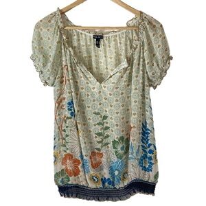 FANG sheer short sleeve front tie blouse w/ puff sleeves & gathered elastic hem